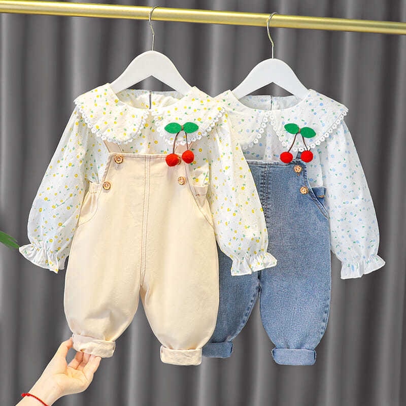 Set Yếm Jeans Cho Bé, Thiết Kế Đáng Yêu, Đính Trái Cherry, Size Từ: 5-16Kg