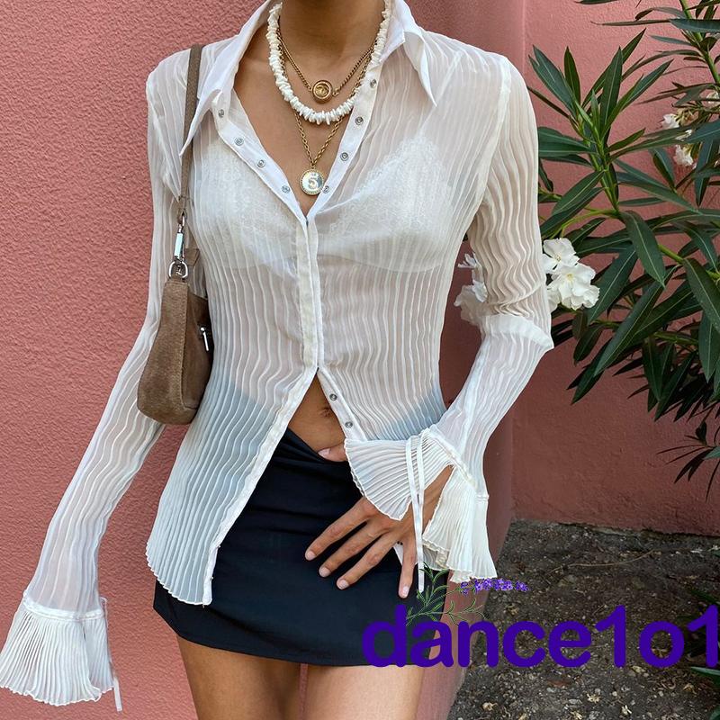 Áo sơ mi tay dài ống loe màu trơn phong cách retro thời trang quyến rũ cho nữ