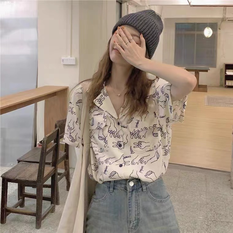 SUXI Áo Sơ Mi Ngắn Tay Cổ V In Họa Tiết Vintage Cho Nữ