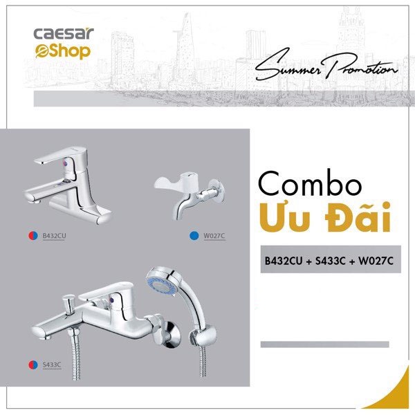 [Caesar] Combo vòi chậu + sen tắm + vòi lạnh gắn tường B432CU S433C W027C