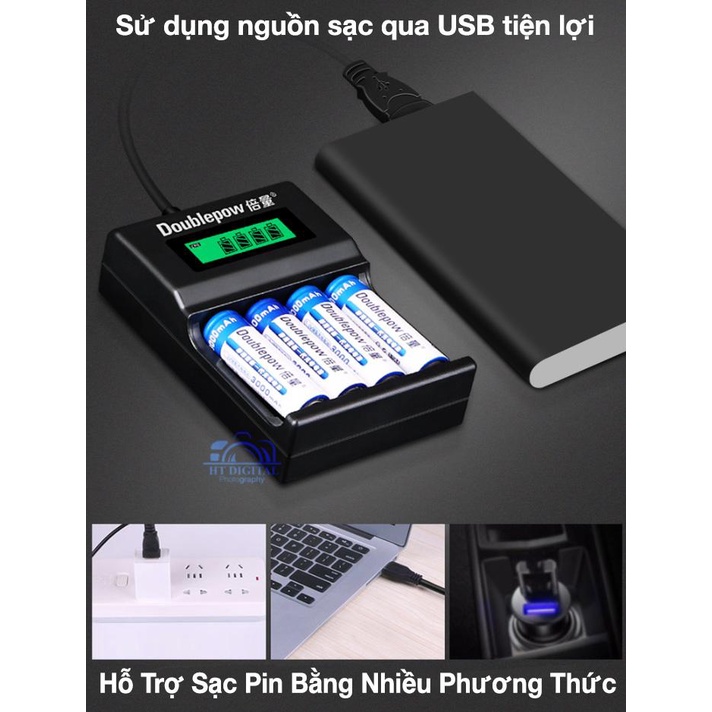 Bộ sạc pin tiểu AA AAA Doublepow Uk93b Tự Ngắt - Dành cho Pin Sạc AA AA cho Mic không dây,máy đo huyết áp, đồ chơi
