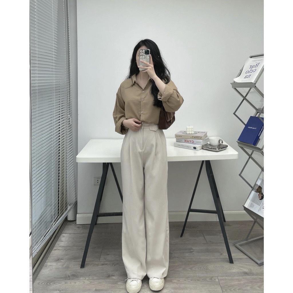 Quần ống xuông nữ cạp cao, quần ống rộng nữ lưng cao CHAT nắp túi Q235