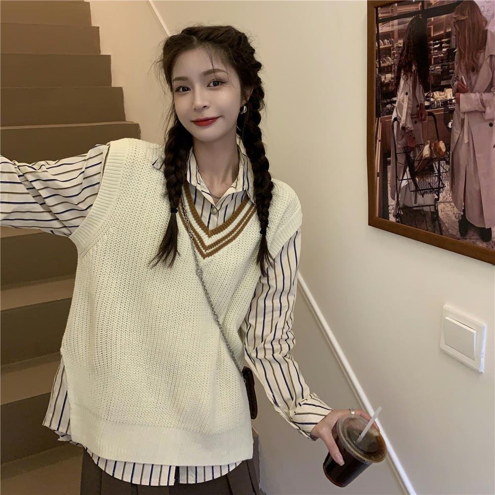 Set Áo Len Không Tay Họa Tiết Kẻ Sọc Kèm Áo Khoác Ngoài Thời Trang Cho Nữ