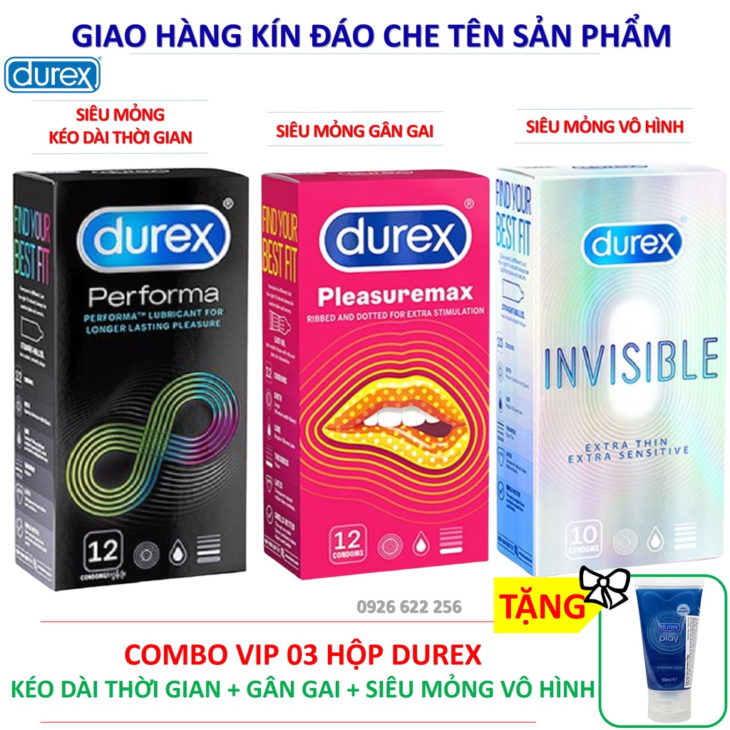 [BAO CAO SU DUREX] COMBO 12 bao cao su Durex Pleasuremax + 12 bao cao su Durex Performa + 10 bao cao su Durex Invisible