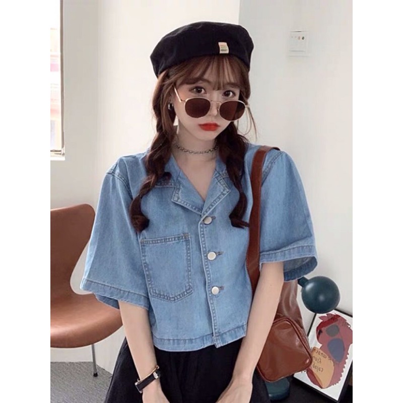 Áo sơ mi denim tay ngắn nữ (Ảnh thật)