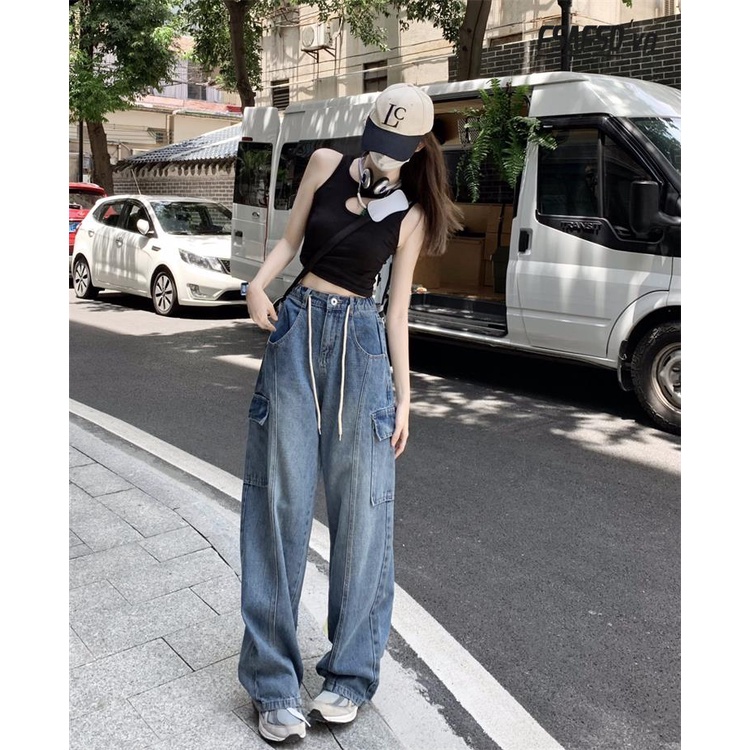 Quần Yếm Jean Lưng Cao Ống Rộng Phối Dây Rút Thời Trang Retro Mỹ Cá Tính Cho Nữ