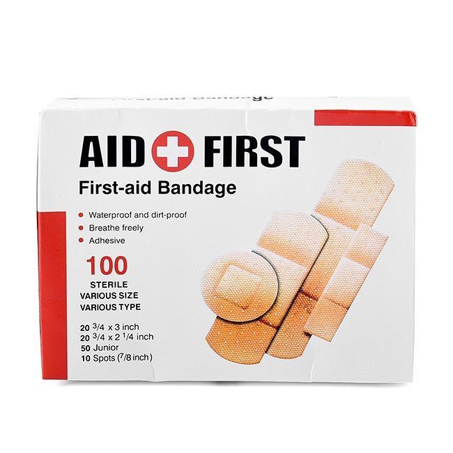 Hộp băng dán y tế 100 miếng Aid First gồm 4 kích cỡ khác nhau dùng băng dán vết thương