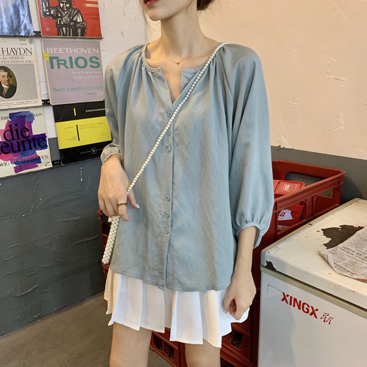 Áo sơ mi nữ tay dài màu trơn phong cách retro | BigBuy360 - bigbuy360.vn