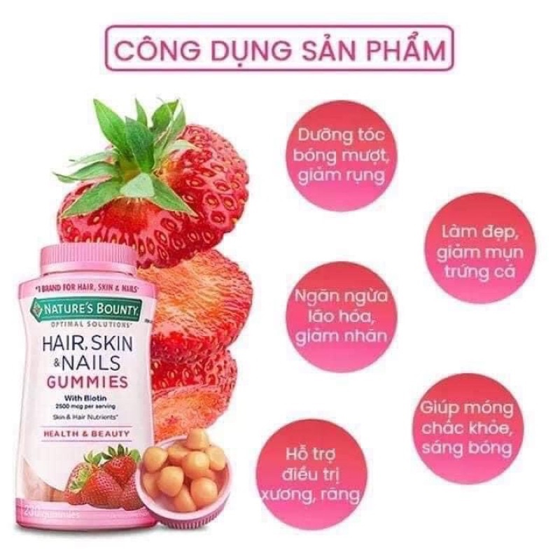 Kẹo dẻo hỗ trợ mọc tóc, đẹp da tóc móng Gummies Nature's Bounty Hair Skin & Nails 230 Viên