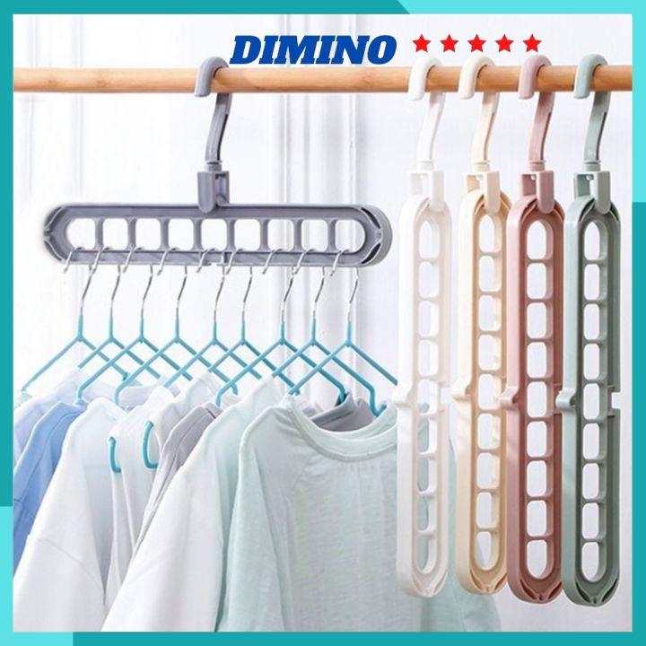Móc treo quần áo 9 lỗ bằng nhựa gấp gọn đa năng thanh xoay 360 độ thông minh tiết kiệm diện tích tiện tủ đồ Dimino