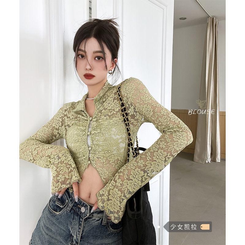 COZOK Áo sơ mi kiểu COZOK tay dài phối ren hoa thời trang xinh xắn dành cho nữ