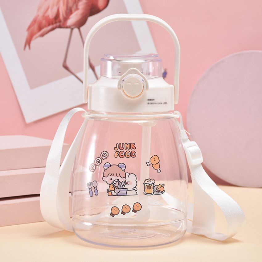 Bình Nước Cute Dung Tích 1300ml Có Ống Hút Quai Xách Kèm Miếng Dán Sticker Và Nắp Chống Tràn Tuyệt Đối – Lotor L036