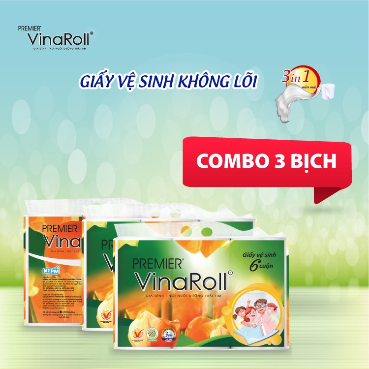 Giấy vệ sinh PREMIER VinaRoll Không Lõi 6 cuộn/ lốc - Combo 3 lốc