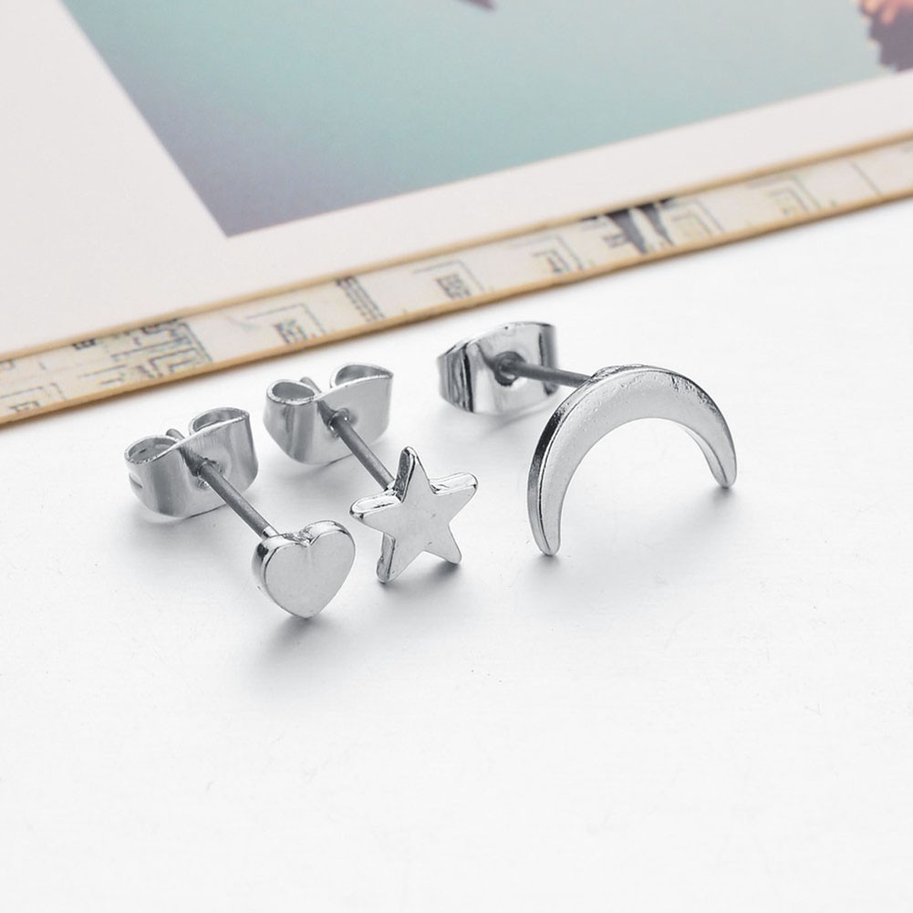 Set 3 Khuyên Tai Mạ Vàng / Bạc Hình Trăng Sao / Trái Tim Dễ Thương