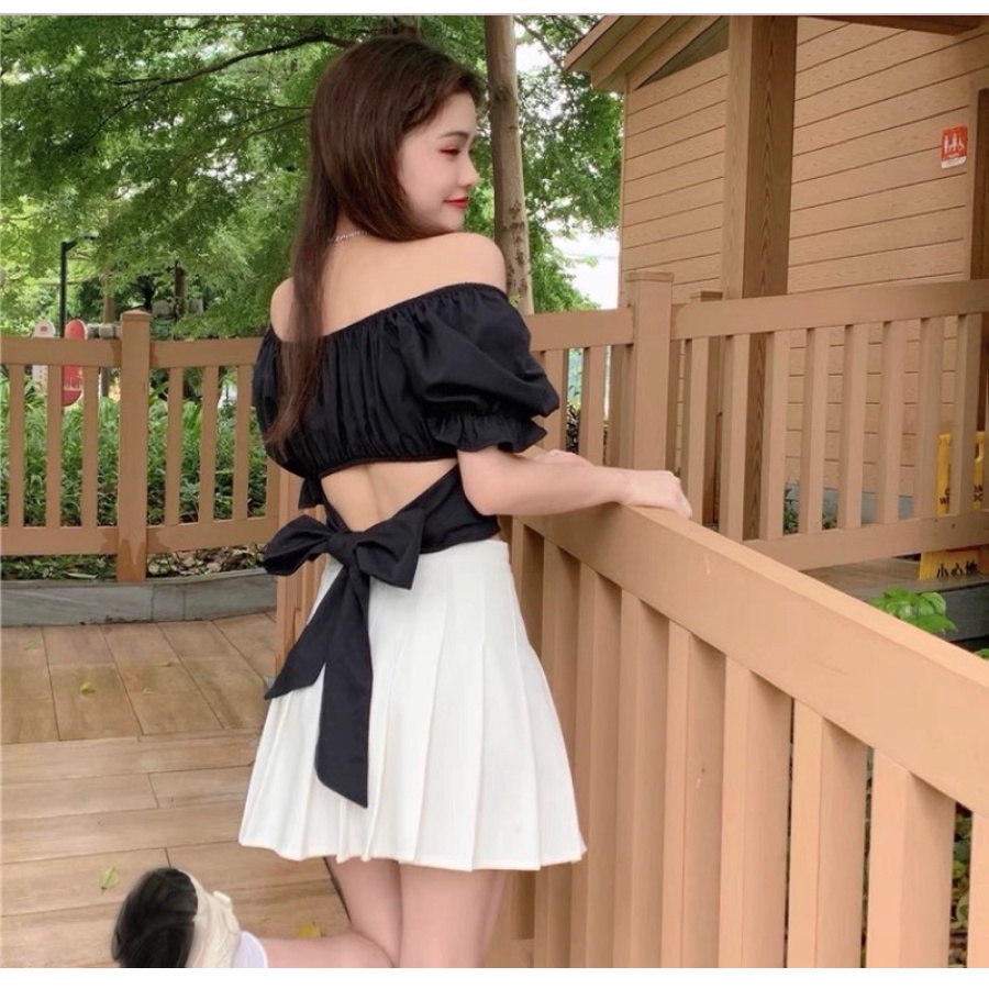 ÁO VOAN TAY NGẮN CỘT NƠ - áo croptop trễ vai nơ lưng - AK0042 | steven.factory