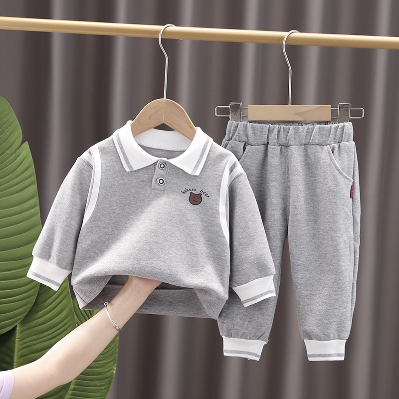Quần Áo Bộ thu đông bé gái gồm áo phông polo dài tay, logo gấu và quần dài cạp chun bo gấu cho bé 7 - 20 kg, SUN KID'S