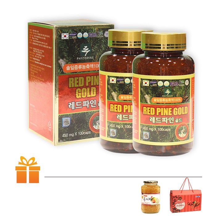 Combo 2 Hộp tinh dầu thông đỏ Red Pine Gold Hộp 100 viên TẶNG: 1 Hộp Nước Hồng Sâm Phúc Bồn Tử 20 gói & 1 Trà chanh