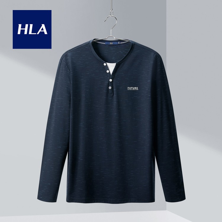 HLA - Áo Thun Nam dài tay cổ Y phối nút vải mềm mịn Simple Basic Solid Color Comfortable Long Sleeve T-shirt