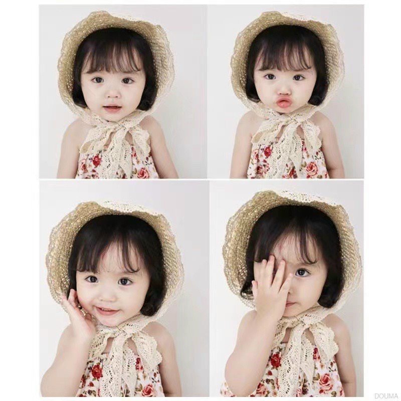 Mũ sợi cói rộng vành xinh xắn cho bé