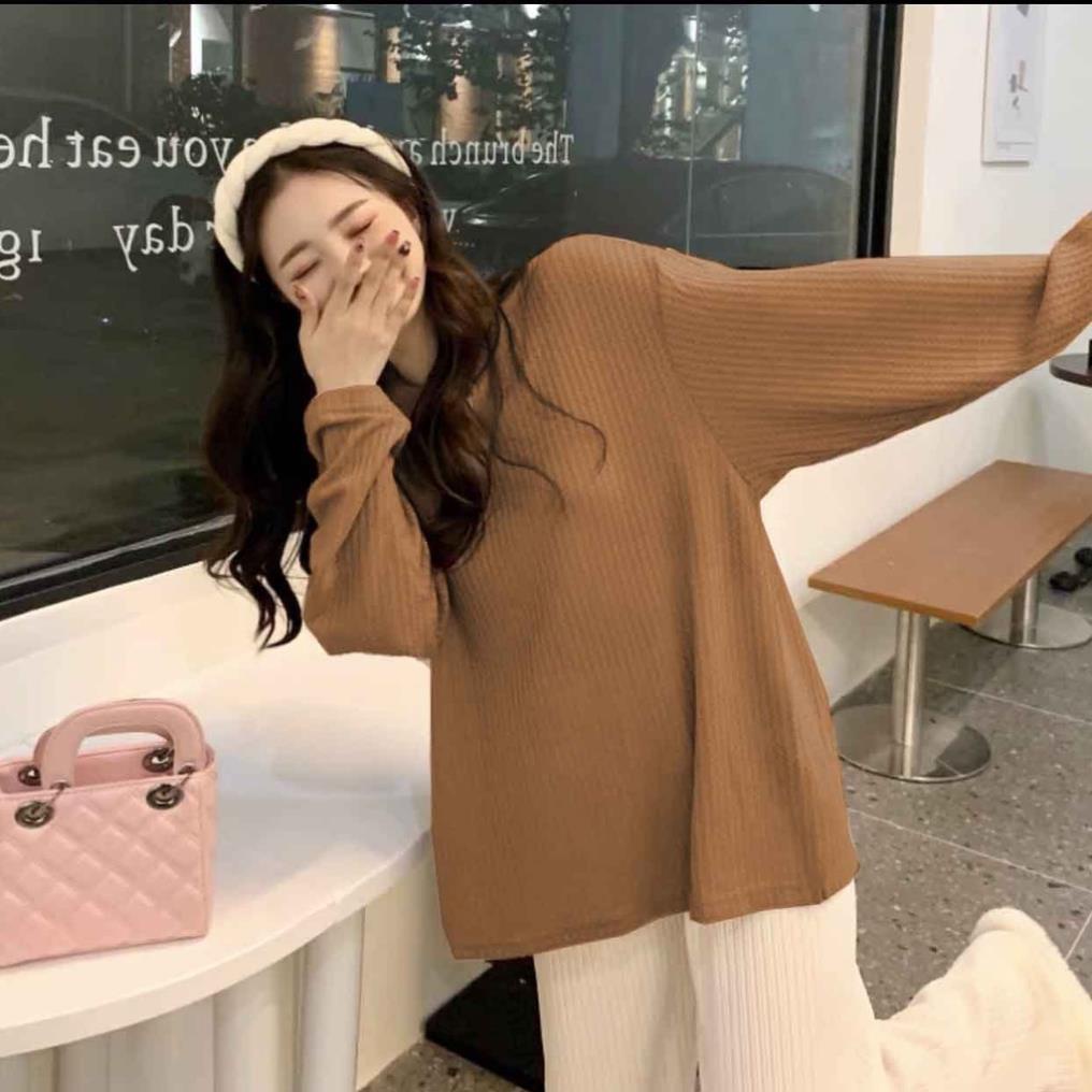 Áo thun sweater tổ ong dài tay dáng xuông chất vải tổ ong co dãn dày dặn siêu xinh basic dễ phối đồ