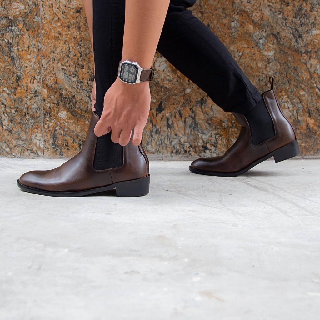 [TẶNG TẤT KHỬ MÙI CAO CẤP ] Giày Chelsea Boots Nam Nâu, Giày Bốt Cao bồi cổ cao tôn dáng, Đế cao su tăng chiều cao 5cm | BigBuy360 - bigbuy360.vn