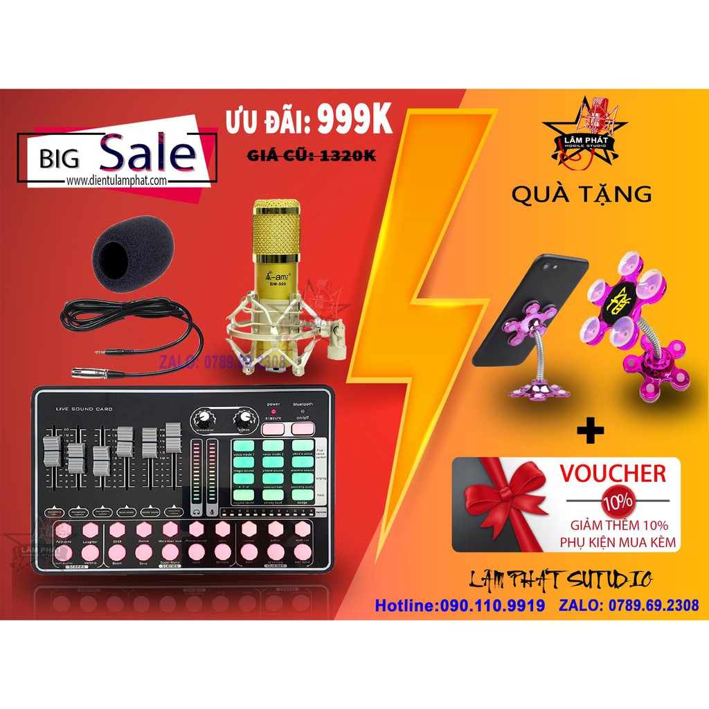 [Mã ELMS4 giảm 7% đơn 500K] [SALE HOT] Sound Card MKAI H9 + MIC THU ÂM AMI BM900 Hát Live, Thu Âm - CHUẨN PHÒNG THU