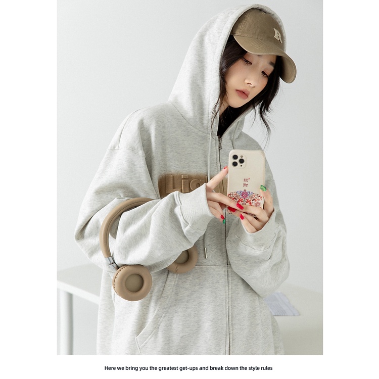 Áo Khoác Hoodie Dáng Rộng Có Khóa Kéo In Chữ Thời Trang Xuân Thu Cho Nữ