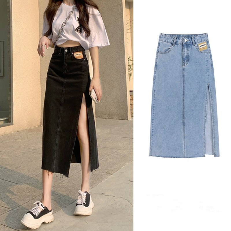 Chân Váy Denim Lưng Cao Xẻ Tà Quyến Rũ Cho Nữ