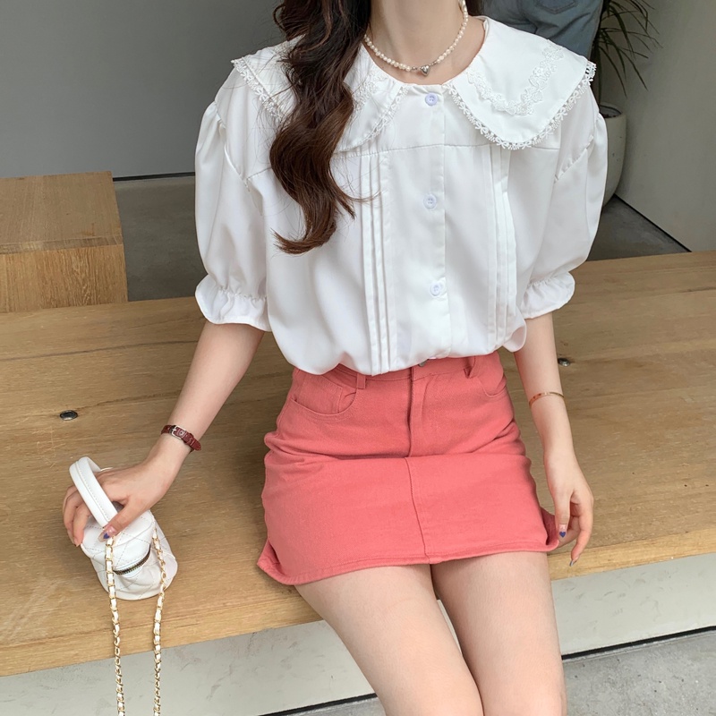 SUXI Áo Sơ Mi Ngắn Tay Cổ Búp Bê Màu Sắc Đơn Giản Thời Trang Mùa Hè Cho Nữ