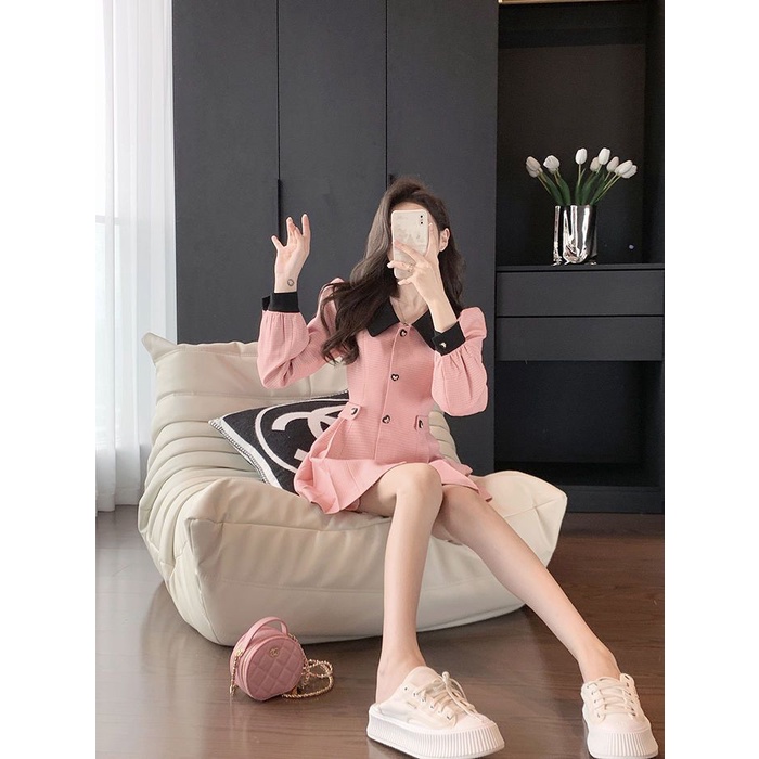 Pink Xiaoxiangfeng dress women's 2022 early autumn new small man waist show thin high temperament waist dress