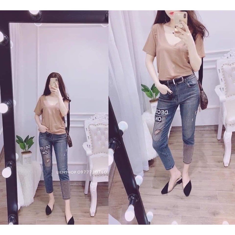 Áo phông cổ tim ngắn tay💥Áo thun giấy trơn cổ tim cộc tay💥{free ship} | BigBuy360 - bigbuy360.vn