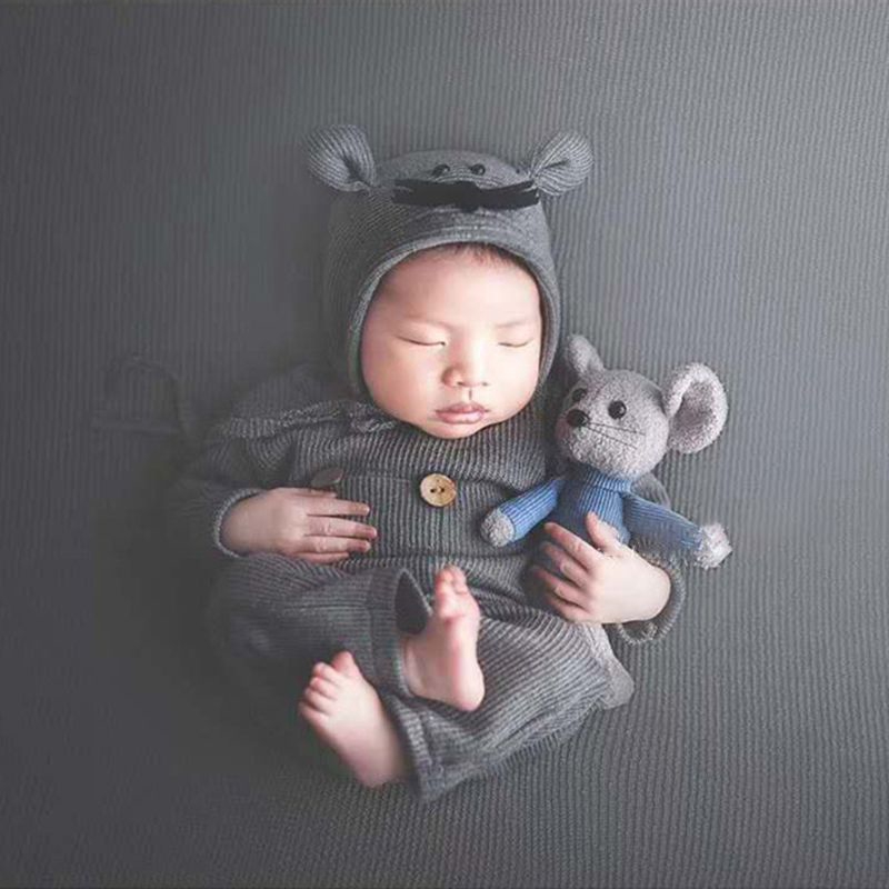 Mary☆3 Pcs/set Newborn Photography Props Suit Knitted Cotton Jumpsuit Hat Mouse Doll