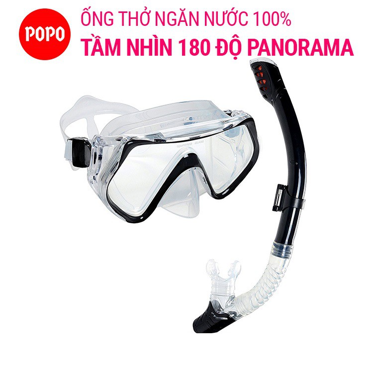 Bộ kính lặn ống thở góc nhìn PANORAMA POPO 1526 mắt kính cường lực, ống thở van 1 chiều ngăn nước