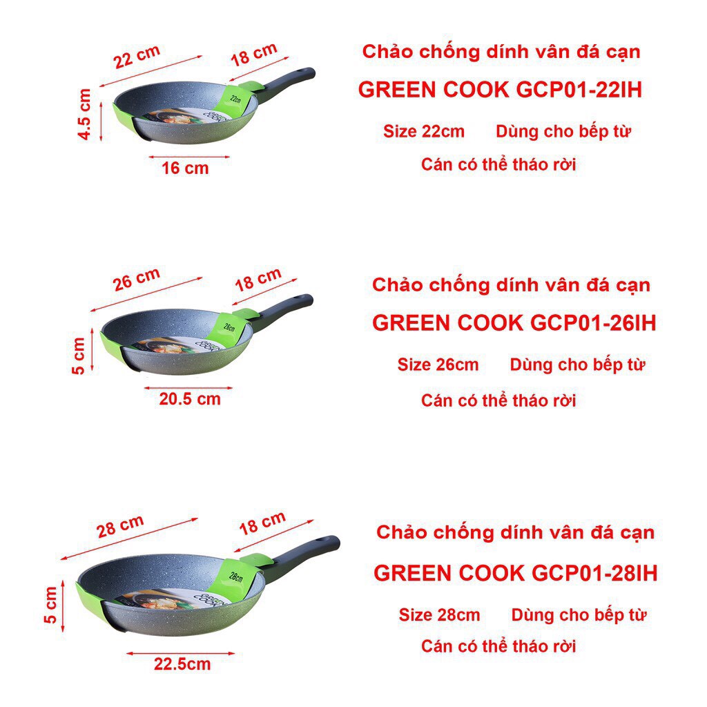 Chảo vân đá đáy từ chống dính GreenCook Size (đường kính) 22 24 26 28 30cm - GREEN