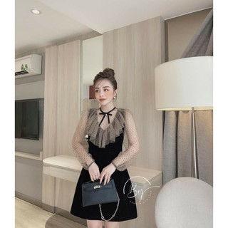 Váy nhung phối lưới bi nơ cổ đính ngọc
