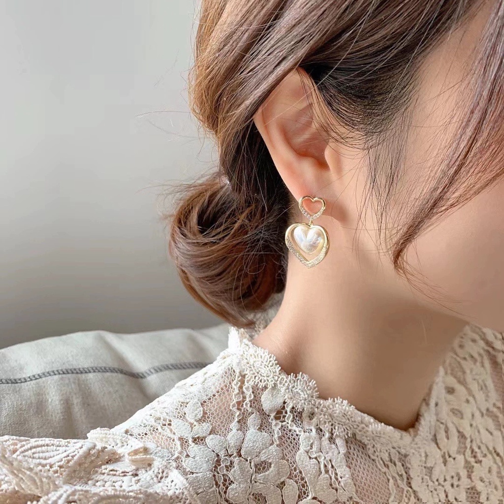 Khuyên Tai Kim Bạc S925 Hai Lớp Đính Ngọc Trai Phong Cách Hàn Quốc Mới