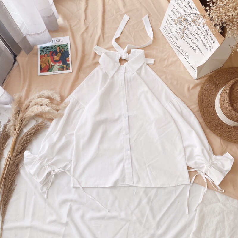 áo sơmi trắng form rộng tay phồng rút dây thắt nơ cổ (ảnh thật) | BigBuy360 - bigbuy360.vn