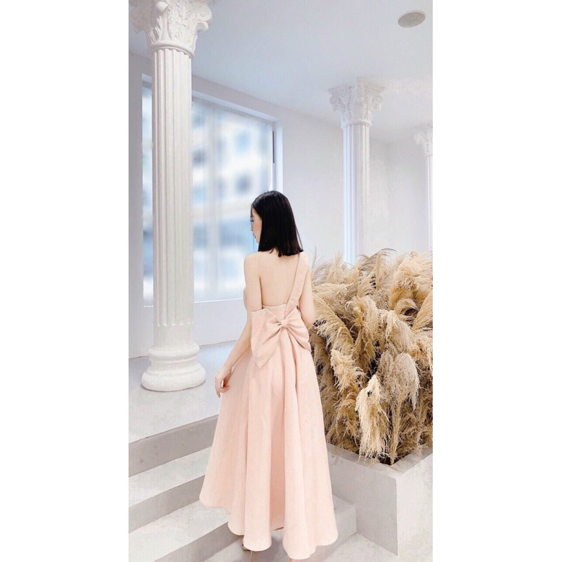 đầm xoè lệch vai nơ sau to