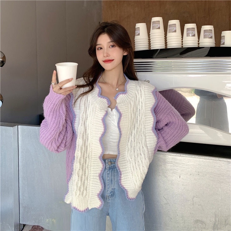Áo Khoác Cardigan Dệt Kim Màu Tím Thời Trang Mùa Thu Mới Cho Nữ 2021