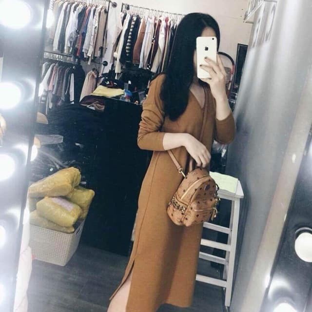 Đầm suông váy suông cổ tim dài tay form rộng
