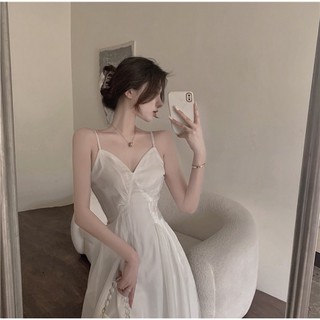 Váy 2 dây hai dây trắng maxi dáng dài xoè