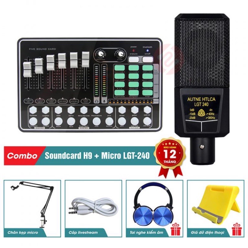 Combo Chọn bộ Thu Âm Livestream MIC LGT240 Mới Nhất +Sound Card H9 Có auto tune kèm hiệu ứng có chân tai nghe Bảo Hành 0