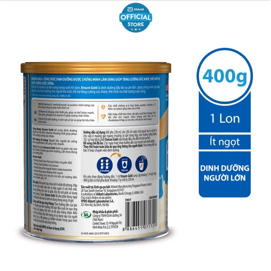 [Tặng 1 gói dùng thử bất kì] Sữa bột Ensure Gold Ít ngọt (HMB) 400g