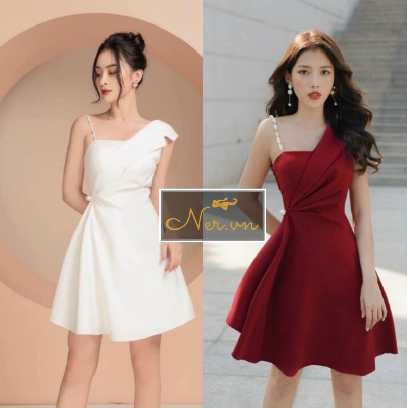 Đầm cổ vest lệch vai, phối ngọc trai giả đi tiệc cưới, đi bar, dạo phố, sinh nhật xinh xắn, sang trọng NER – N54