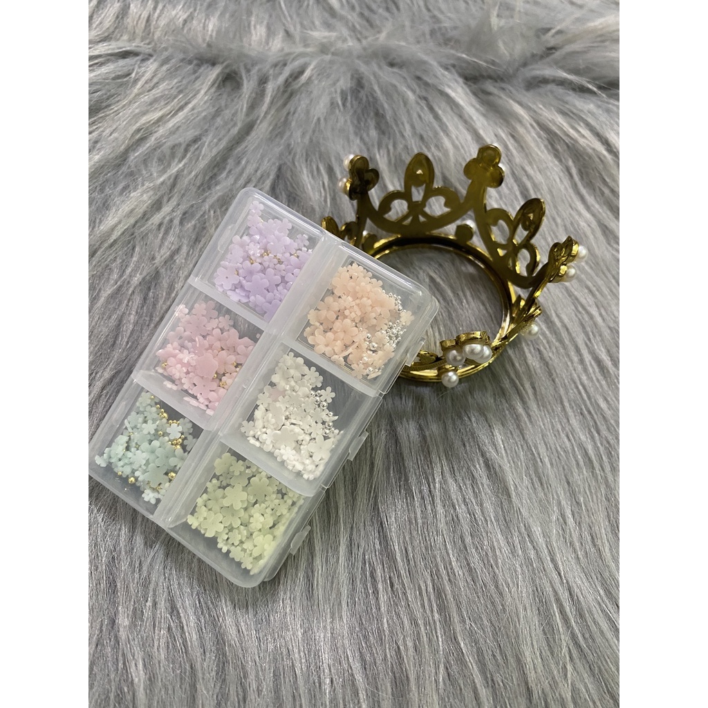 khay charm hoa nhí 6 màu hoa bi làm nail mix 6 ô trang trí nail