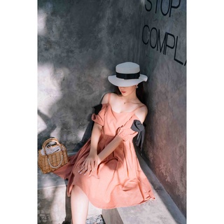 Đầm babydoll tay bồng, váy babydoll hai dây, dáng tiểu thư, trễ vai đính nơ hai bên V Fashion B25-TK8