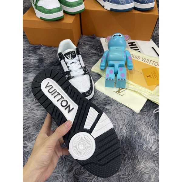Giầy Thể Thao Louis Vuitton LV Trainer Monogram Denim White Green Xanh Trắng -Vải Bò- Đen Best Siêu Cấp Dế Khâu