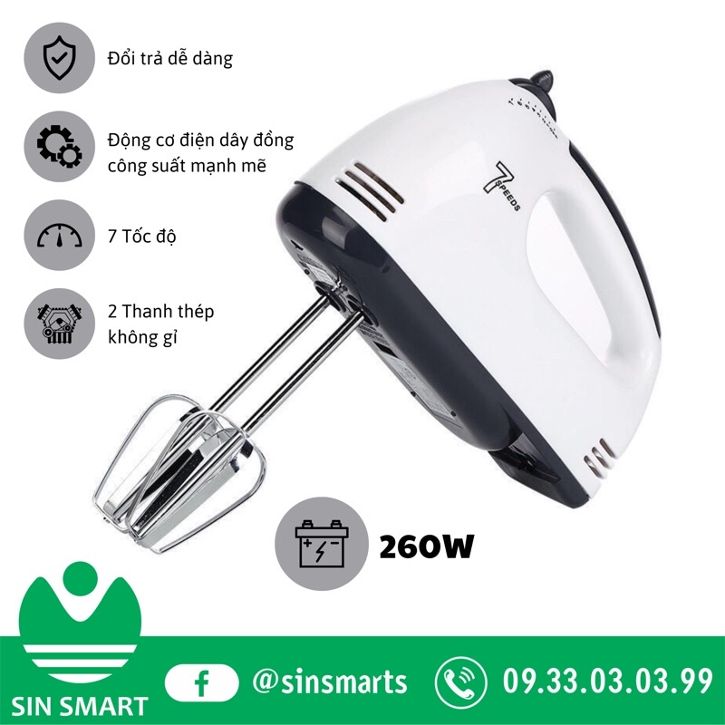 [ 260W ] Máy Đánh Trứng Cầm Tay 7 Tốc Độ Dùng Nhào Bột, Làm Kem Cao Cấp