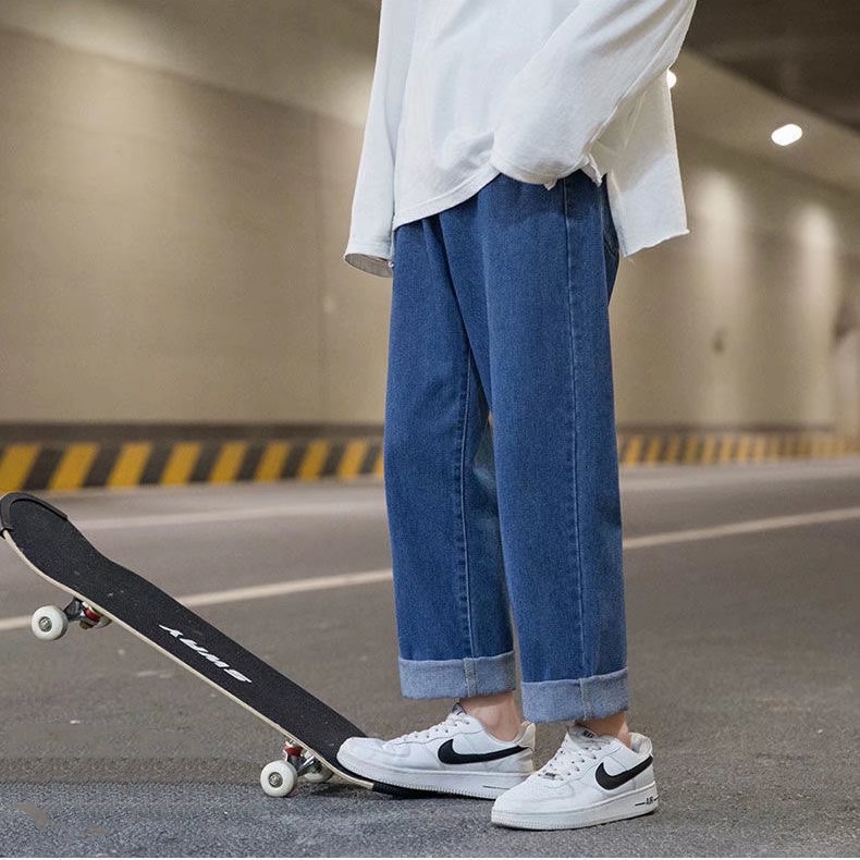 Quần jeans Ống Rộng Lưng Thun Thoải Mái Phong Cách Hip Hop Đường Phố Nhật Bản Cho Nam Cỡ S-5XL