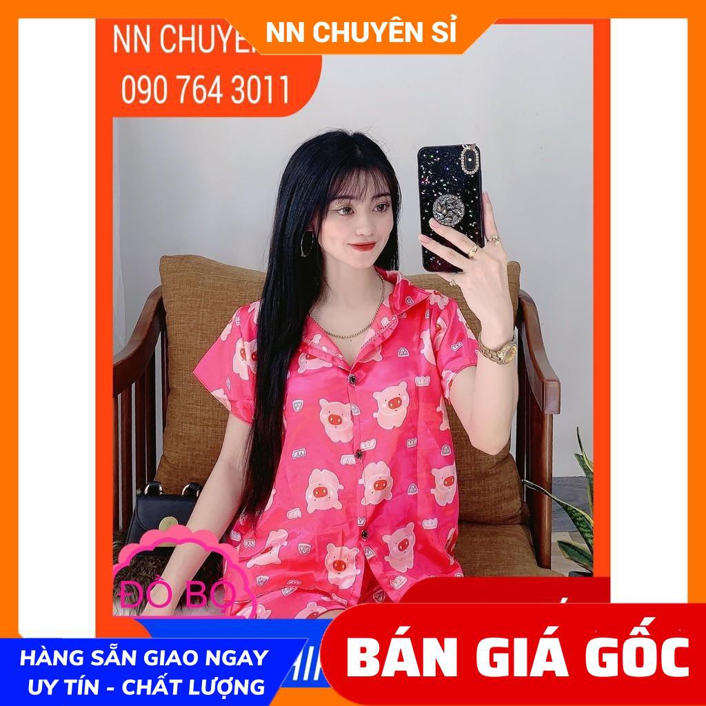 Đồ bộ nữ mặc nhà cổ pijama chất phi bóng mềm mịn mát in hình heo in hình hello kitty in hoạt hình dễ thương